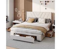 Tweepersoonsbed 160*200cm, Modern opbergbed met hoofdeinde, lattenbodem, 4 opberglades - Perfect voor volwassenen en tieners -linnen beige(zonder matras)