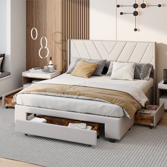 Tweepersoonsbed 160*200cm, Modern opbergbed met hoofdeinde, lattenbodem, 4 opberglades - Perfect voor volwassenen en tieners -linnen beige(zonder matras)