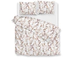 Zohome Colette Dekbedovertrek - Wit - Lits-jumeaux - Dekbedhoes van 100% Katoen-Flanel - Bladeren - 240x220 + 2 slopen 60/70 cm - AW25