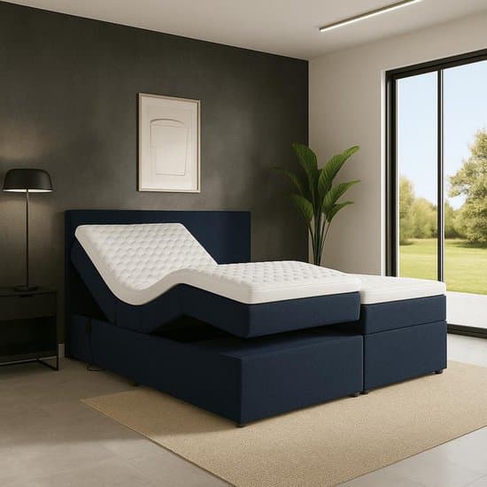 Boxspring Napoli Elektrisch verstelbaar Luxe pocketvering Stof 180x200 cm donkerblauw Gratis 2x Hoofdkussens