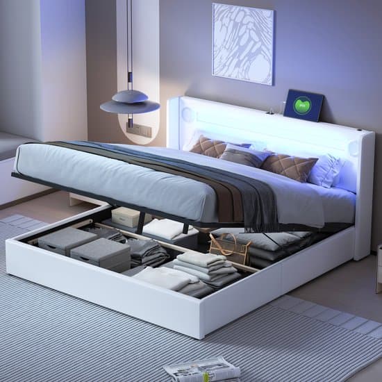 REDOM Ledikant 160x200 cm – PU-leer wit – Met Bluetooth speaker, LED & hydraulische opbergruimte – Luxe