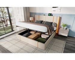 Wishdor Gestoffeerd Opbergbed 160x200 cm – RGB-LED & USB/Type-C – Hydraulische Lift – Beige Linnen – Luxe & High-Tech