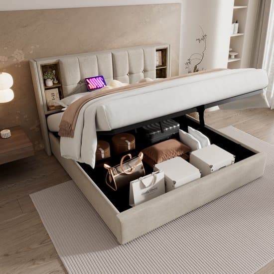 STILVORA Gestoffeerd Bed 180x200 cm - Opbergbed Met Hydraulische Opening En USB-C Oplaadfunctie - LED Licht En Groot Bedkast - Linnen Vintage Bruin - Zonder Matras