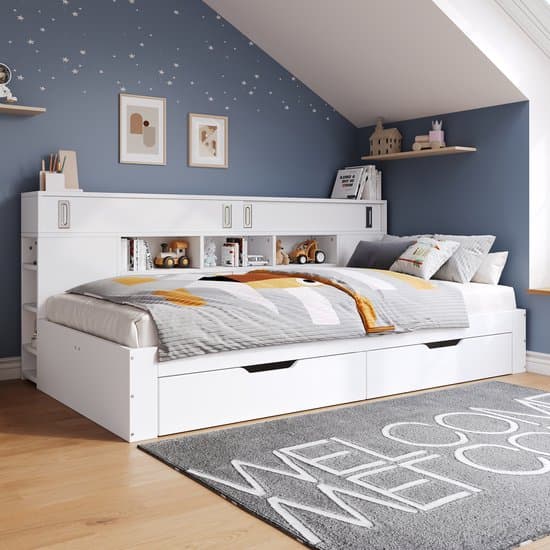 Slaapbank - Opbergbed 140x200 cm - met lades - planken en kluisje - Bedbox met opbergruimte - zonder matras - wit