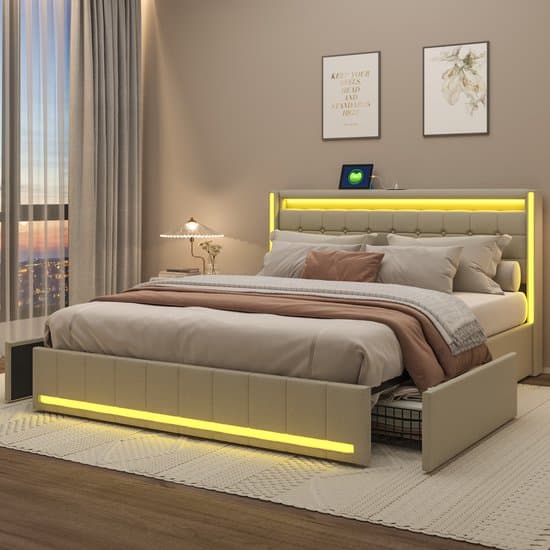 Gestoffeerd bed 160x200 cm met LED en USB, tweepersoonsbed met 4 laden, bedden met opbergruimte en lattenbodem, bedframe met rugleuning voor jongerenbed, zonder matras, linnen beige