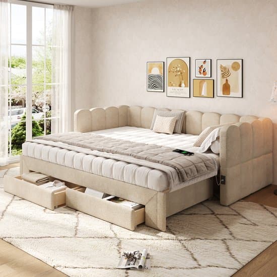 MIVRAY Bedbank 90x200 Cm - Uitschuifbaar Tot 180x200 Cm Met Opbergladen En Oplaadpoorten - Met Lattenbodem Zonder Matras - Chenille - Beige