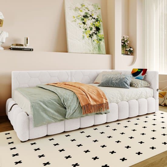 Wishdor – Daybed 90x200 cm – Hydraulische opbergruimte, led, USB & Type-C – Vliesimitatie – Wit – Geometrische stijl met slimme opbergruimte