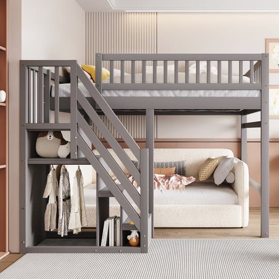 Wishdor Hoog Bedframe Met Opbergtrap En Hoog Hekwerk - Grenenhout, Multiplex En MDF - Grijs - 140 X 200 Cm