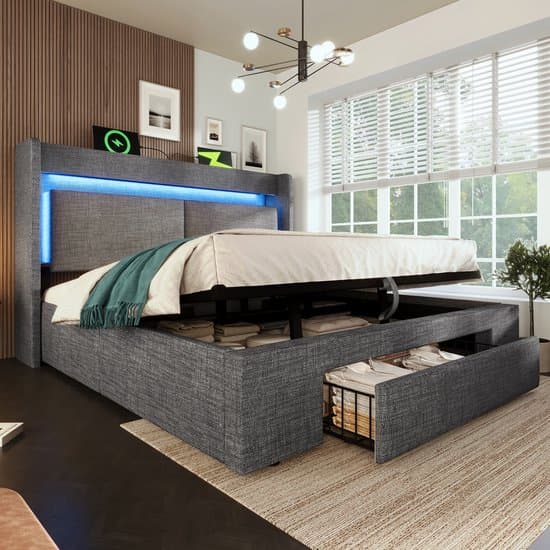 MODFU - Ledikant 160x200 cm – Linnen met LED, hydraulisch & USB – Incl. matras – Grijs