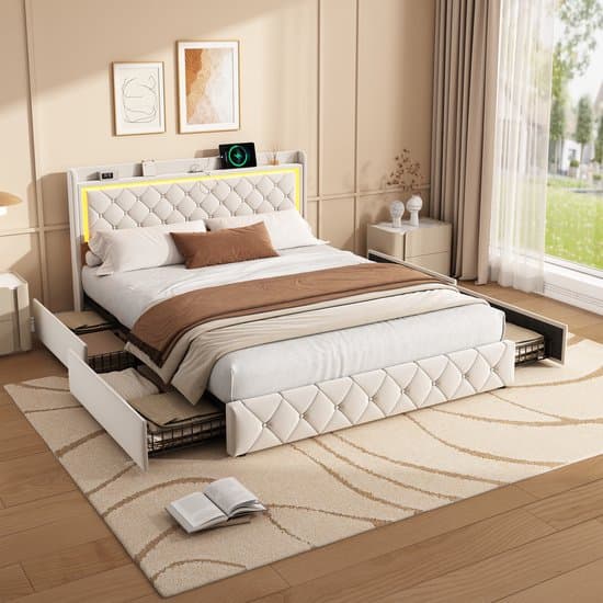 Beige Fluwelen Bed 160x200 cm met LED, USB & Type-C – Tweepersoonsbed met 4 Laden & Opbergruimte – Modern Luxe Bed voor Slaapkamer