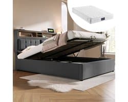 OKWISH Tweepersoonsbedden - 160x200 cm - Gestoffeerd Bed met bedkast en USB-oplaadfunctie - inclusief lattenbodem - Linnen - Grijs