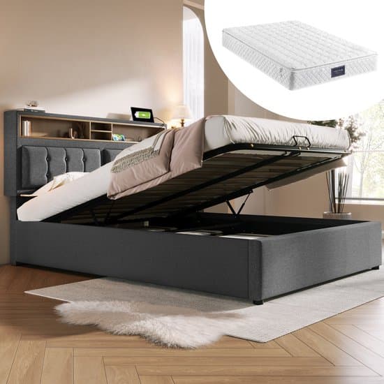 OKWISH Tweepersoonsbedden - 160x200 cm - Gestoffeerd Bed met bedkast en USB-oplaadfunctie - inclusief lattenbodem - Linnen - Grijs