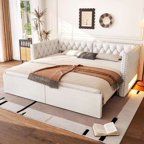 REDOM Luxe Daybed met Uitschuifbed (90 tot 180x200) - Gecapitonneerde Slaapbank met LED & Nissen - Linnenlook Beige