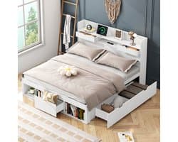 REDOM - Multifunctioneel Bed - Met Usb-Poort En Stopcontacten - Met Opbergrekken - Mdf - Wit - 135 X 190 Cm