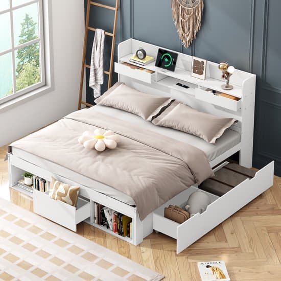 REDOM Multifunctioneel Bed – 135x190 cm – Met USB-poort & Stopcontacten – Opbergrekken – MDF – Wit