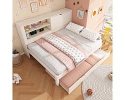 REDOM Slaapbank Met Uitschuifbed - Bedframe Met Opbergruimte In Achterwand - USB- En USB-C-Laadstation - Hout - Wit - 140x190 Cm