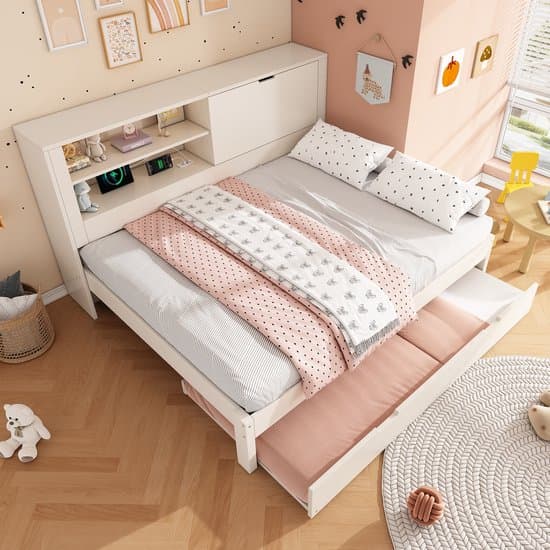 REDOM Slaapbank met Uitschuifbed – 140x190 cm + 90x190 cm – Opbergruimte – USB & USB-C – Hout – Wit