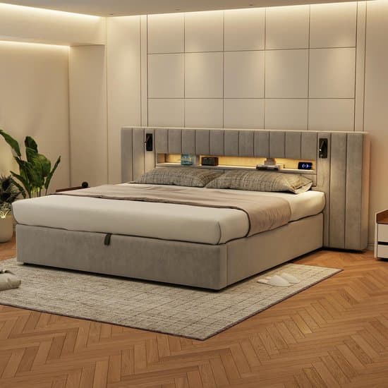 MODFU Bedframe 180x200 cm – fluweel grijs – met LED (16 kleuren), USB/Type-C en hydraulische opbergruimte – modern design