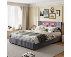 Tweepersoonsbed 160x200 cm, bedombouw met LED-verlichting, lattenbodem en hoofdeinde, bedombouw voor volwassenen, tieners, fluweelgrijs (zonder matras)