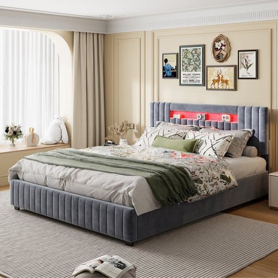 Tweepersoonsbed 160x200 cm, bedombouw met LED-verlichting, lattenbodem en hoofdeinde, bedombouw voor volwassenen, tieners, fluweelgrijs (zonder matras)