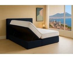 Boxspring Bed met Opbergruimte Napoli 180x200 cm donkerblauw Luxe Pocketvering Matras Stof Gratis 2x Hoofdkussens