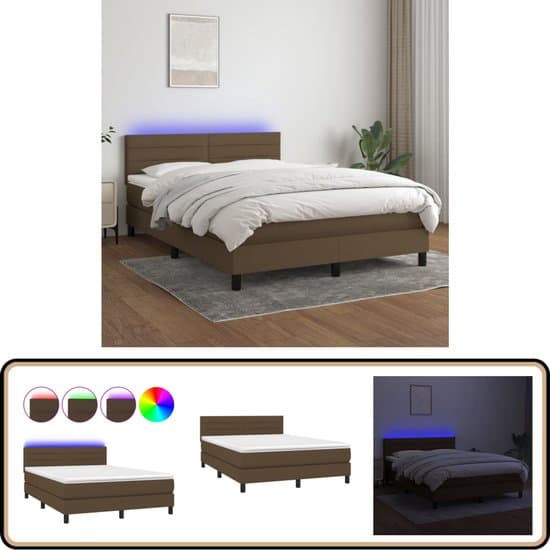 vidaXL Boxspring met matras en LED - Donkerbruin - 140x190 cm Boxspring - Led Bed - Donkere Bruine Boxspring - Pocketveer Matras - Boxspring Set