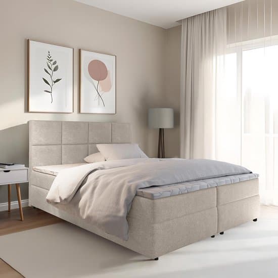Boxspring met opbergruimte Sam - 140x200 cm - Crème / Lichtbeige - Inclusief Topper - Bed met Opbergruimte - Opberg boxspring - Bonellvering tot 100 kg - Beddenbriljant