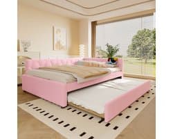 REDOM - Bed - Vliesimitat & MDF-constructie - Multifunctioneel uittrekbaar ontwerp - 140x200 cm roze