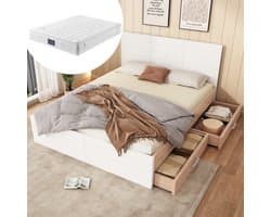 Tweepersoonsbed 160x200 cm - Houten Bed Met 2 Lades - Met Lattenbodem - Eik En Wit - Met Matras