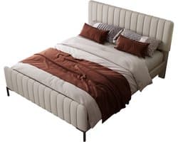YEHTOKHOME Gestoffeerd bed Tweepersoonsbed 160x200 cm, Bedframe met lattenbodem en verstelbaar hoofdeinde, Jeugdbed, Linnen, grijs-beige (zonder matras)