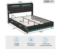 Wentinkmo tweepersoonsbed - Lattenbodem 160x200 - bedbodem- bed frame - Grijs Pu-linnen - Hoofdeinde Linnen - stof zonder matras