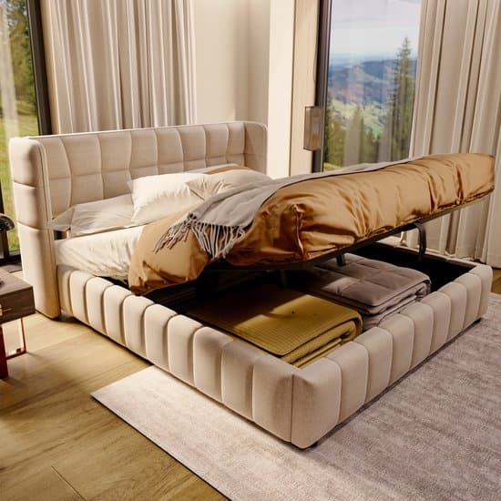 HAUSS SPOLE Gestoffeerd Bed 180x200 cm - Tweepersoonsbed Met Opbergruimte En Lattenbodem - Zonder Matras - Linnen - Beige