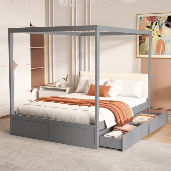 Hemelbed 140x200 cm met grote lade en zachte rugleuning - grijs - zonder matras