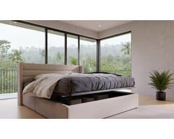 Hydraulisch Opbergbed 160x200 cm Casa Velluto – Modern Linnen Bed met Gevoerd Hoofdeinde, Ruime Onderopslag, Houten Lattenbodem en Stevige Metalen Structuur – Beige Slaapkamermeubel