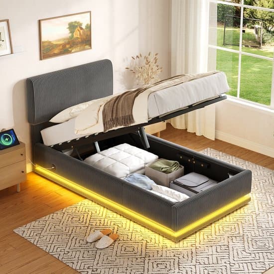 Gestoffeerd Bed - 90x200 cm - Modern met LED - USB-C en Opbergruimte - Ribfluweel - Grijs