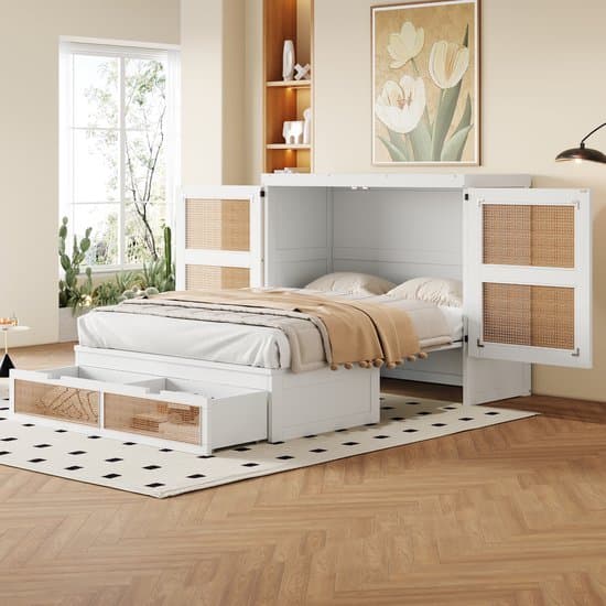 MODFU Bedframe 140x200 cm van hout, wit wandklapbed met lattenbodem, rotanlook deuren en opberglades