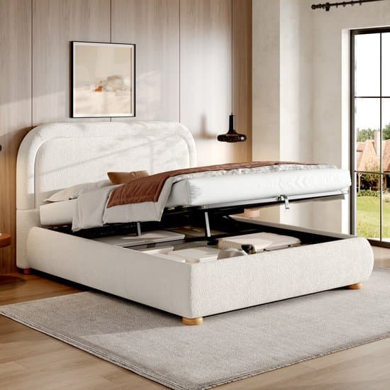 OKWISH Gestoffeerd Bed 160x200 Cm – Hydraulische Lift Met Grote Opbergruimte – Met Lattenbodem – Zonder Matras – Bouclé – Wit