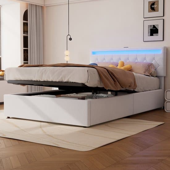 REDOM Opbergbed 140x200 cm – Linnen & MDF – Hydraulisch – LED & USB/Type-C – Wit – 200 kg