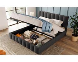 Hydraulisch tweepersoonsbed – bed met zachte matras – 140 x 200 cm – verstelbaar hoofdeinde – metalen lattenbodem – linnen bekleding – modern bedframe met opbergruimte – grijs (inclusief matras)