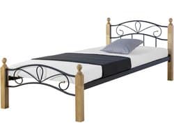 Homestyle4u Metalen bed - 90x200 cm - Zwart - Naturel - Lattenbodem