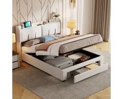 BursDany Opbergbed 140x200 cm met LED en USB, gestoffeerd tweepersoonsbed met laden, opbergruimte en lattenbodem, voor volwassenen en tieners, zonder matras, fluweel beige
