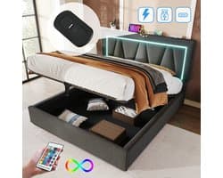 Tweepersoonsbed 160x200 cm met led-verlichting, Bed van 160x200 cm met opbergruimte en lattenbodem, Linnen stof, Eenvoudige Europese stijl, Grijs(Matras niet inbegrepen)
