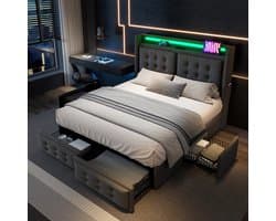 Pugsdrly Beddengoed 180x200, tweepersoonsbed met led-hoofdeinde en USB C-oplaadfunctie en 4 lades, opbergbedden met lattenbodem van hout en metalen frame, draagvermogen 300 kg, grijs, katoen (zonder matras)