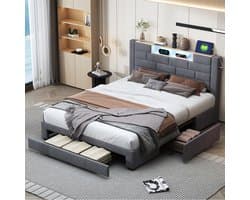 Bed 140x200 cm met USB & Type-C, LED Verlichting, 3 Lades, Massief Houten Tweepersoonsbed met Lattenbodem, Opbergruimte Jeugd- & Slaapkamerbed, Grijs Linnen