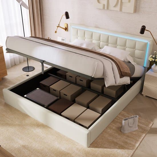 HAUSS SPOLE Tweepersoonsbedden 180x200 cm - Gestoffeerd Bed Met LED-Beleuchtung En Lattenrost - Bed Met Opbergruimte - PU - Wit