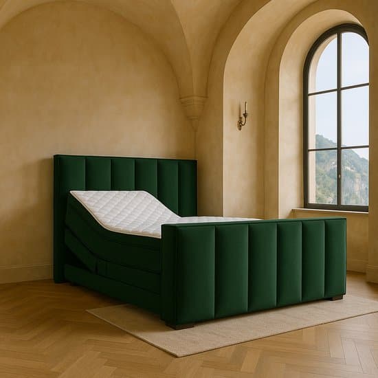 Boxspring Amalfi Elektrische verstelbaar met Luxe Pocketvering Stof 180x200 cm donkergroen Gratis 2x Hoofdkussens