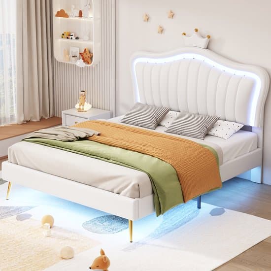 Sweiko 140 x 200 cm Gestoffeerd bed, Meisjesbedframe, Wit kroon dubbel bedframe van PU leer, met LED verlichting, Flat noedles frame en rugleuning (excl. matras) Wit