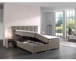Boxspring bed Malaga 140cm Taupe structuurstof compleet bed met opbergruimte ' topper inbegrepen' zetelsenbedden