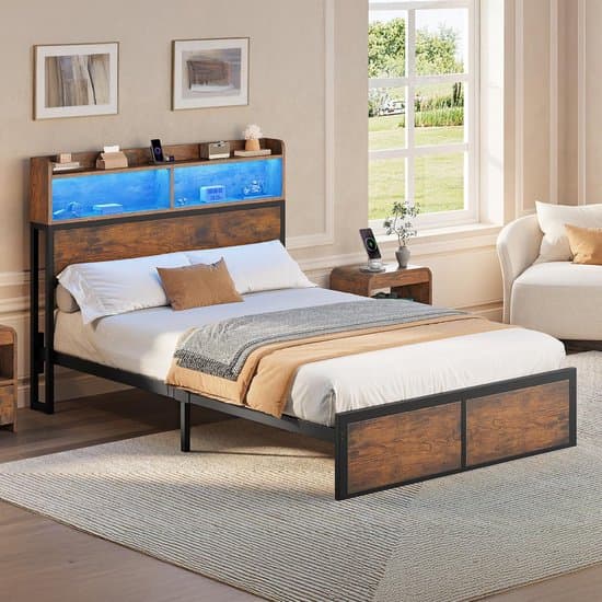 Metalen LED Bedframe 120x200 cm met Hoofdeinde, USB Oplaadpoorten, RGB Verlichting, Opbergruimte & Stalen Lattenbodem – Industrieel Tweepersoons Platformbed zonder Boxspring