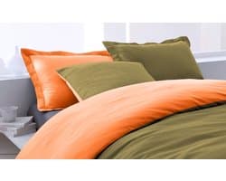 SENZA DONNA 100% Katoen Percaline Dekbedovertrek Uni Double Face 200x200/220-2x60x70 cm ( 240 cm Lang ) LEGERGROEN/ORANJE